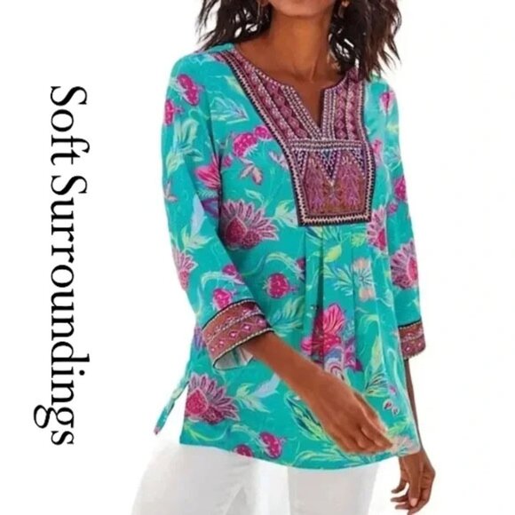 Soft Surroundings Maddalena Embroidered Beaded Tunic Blouse Top MP Turquoise - Picture 2 of 15